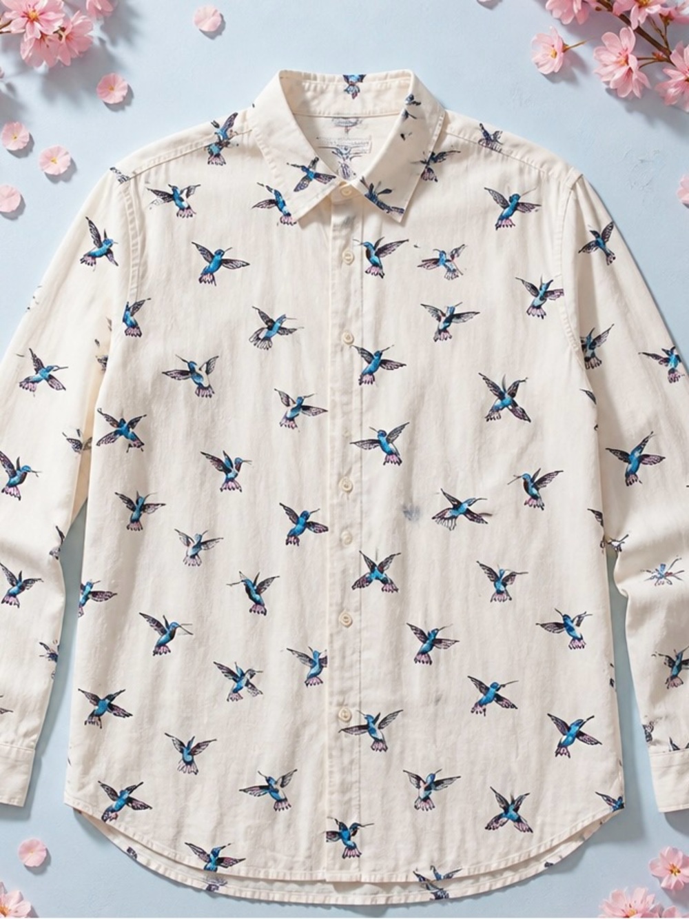 Jane and Delancey white Blouse with Blue Hummingbird Print